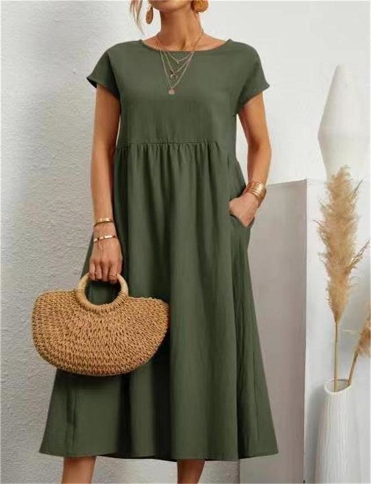 Women's Casual Midi Dress Cotton Blend Pockets Comfortable Everyday Wear