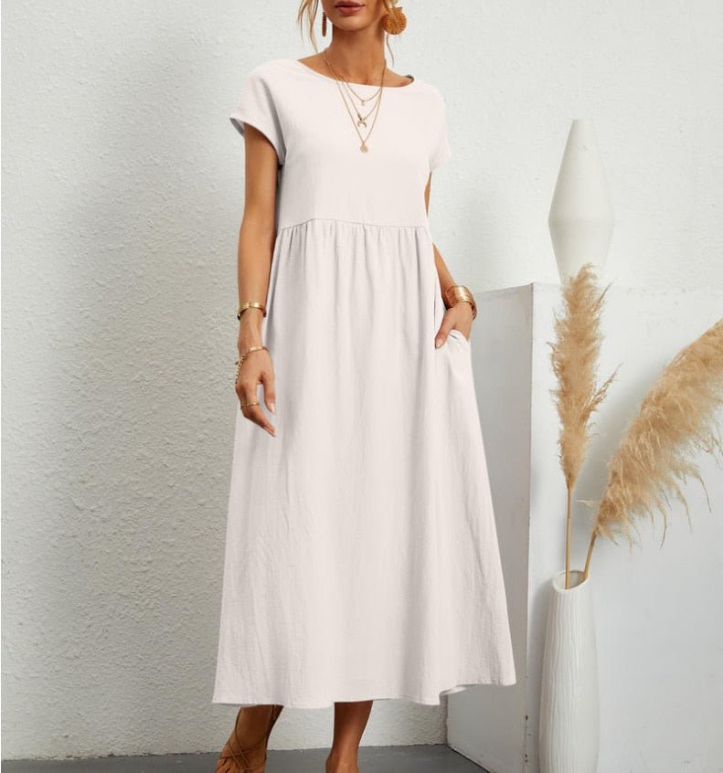 Women's Casual Midi Dress Cotton Blend Pockets Comfortable Everyday Wear