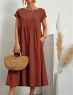 Women's Casual Midi Dress Cotton Blend Pockets Comfortable Everyday Wear
