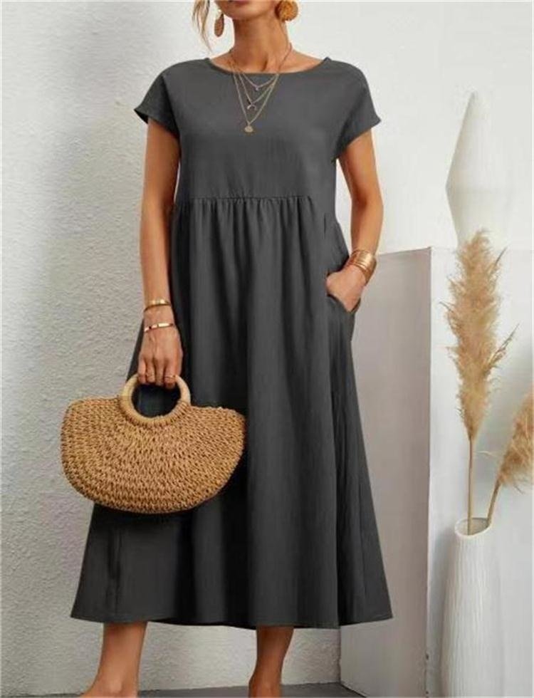 Women's Casual Midi Dress Cotton Blend Pockets Comfortable Everyday Wear