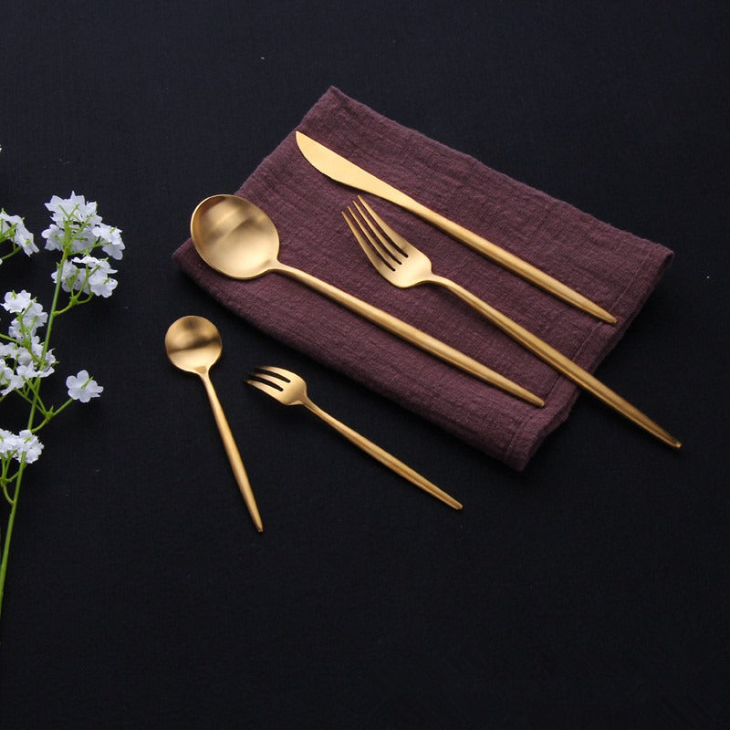 Harrow Modern Minimalist Cutlery Set Stainless Steel Titanium Matte Finish 5-Piece Black Gold Rose Gold Silver