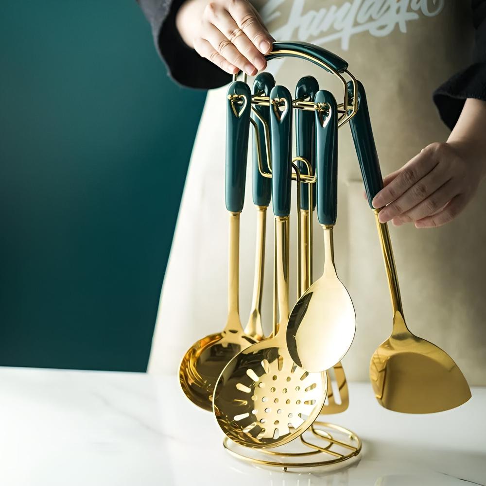 Gold Stainless Steel Kitchen Utensil Set 6-Piece with Stand Rust-Resistant Ergonomic Handles