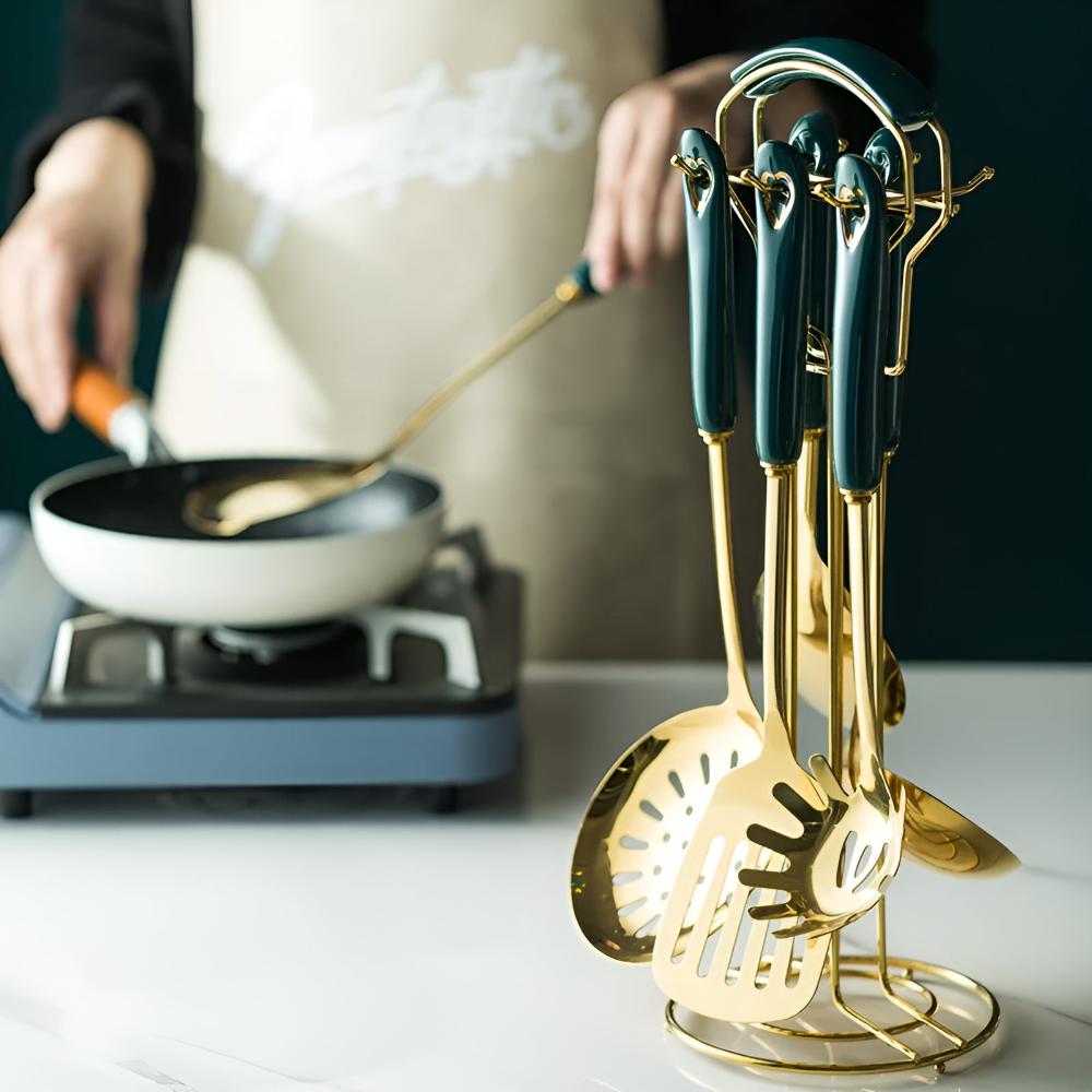 Gold Stainless Steel Kitchen Utensil Set 6-Piece with Stand Rust-Resistant Ergonomic Handles