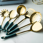 Gold Stainless Steel Kitchen Utensil Set 6-Piece with Stand Rust-Resistant Ergonomic Handles