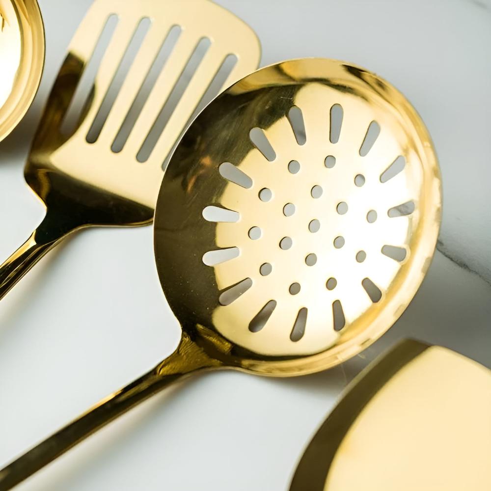 Gold Stainless Steel Kitchen Utensil Set 6-Piece with Stand Rust-Resistant Ergonomic Handles