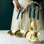 Gold Stainless Steel Kitchen Utensil Set 6-Piece with Stand Rust-Resistant Ergonomic Handles