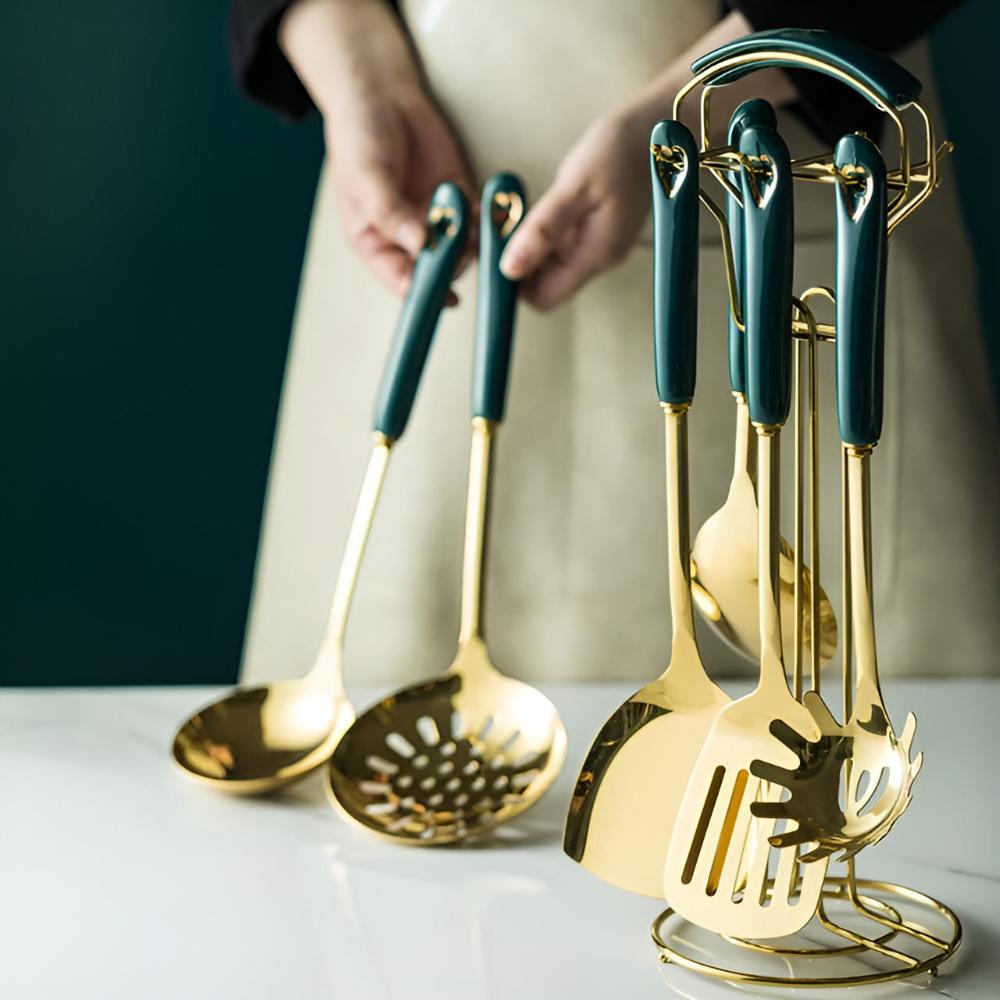 Gold Stainless Steel Kitchen Utensil Set 6-Piece with Stand Rust-Resistant Ergonomic Handles
