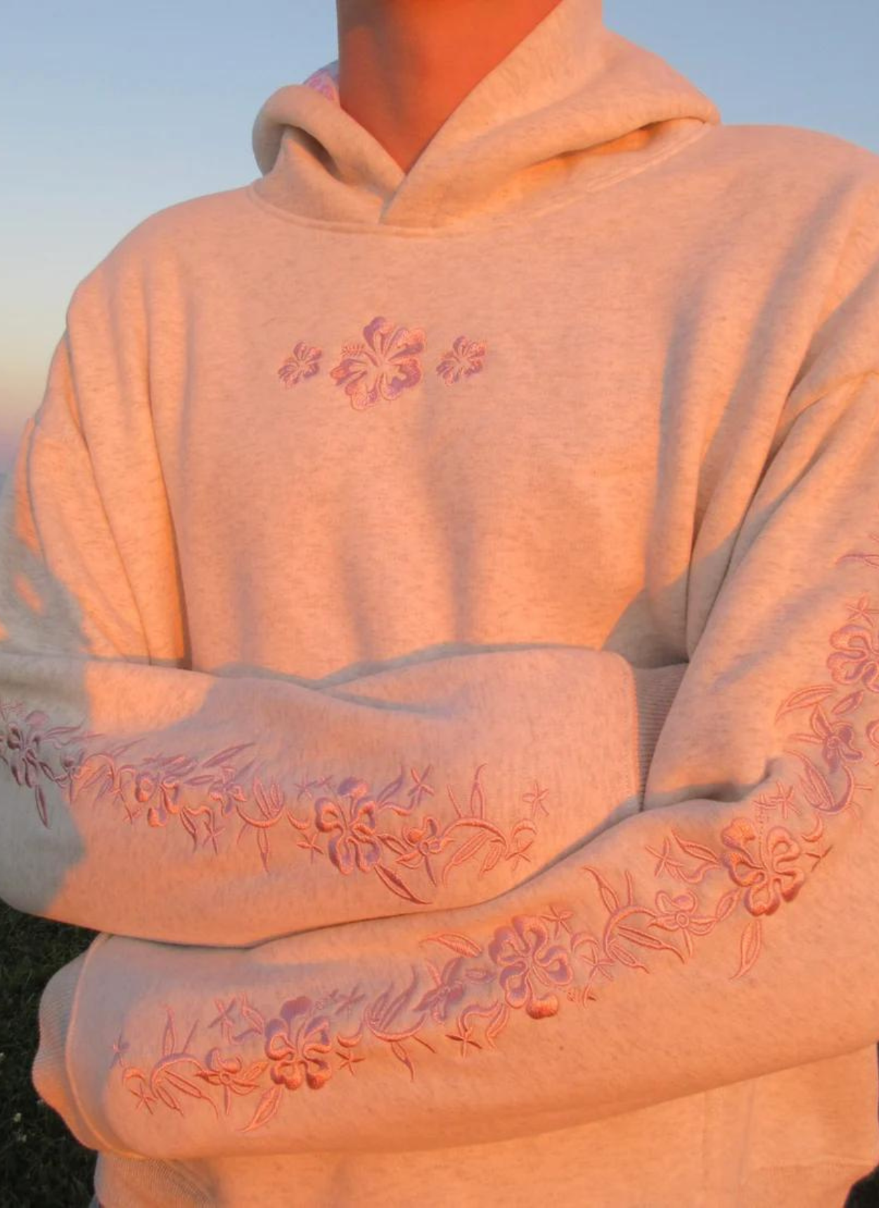 Floral Embroidered Fleece Hoodie Soft Cozy Warm Casual Pullover Sweatshirt