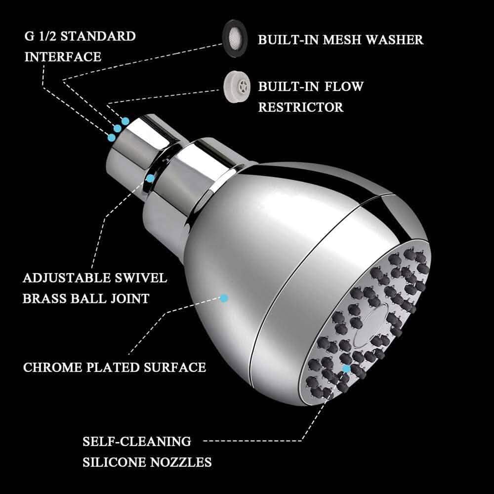 High Pressure Showerhead 3 Inch Anti-Clog Anti-Leak Brass Adjustable Swivel Ball Joint Chrome