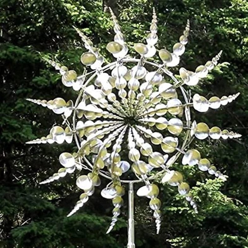Harrow Metal Garden Windmill Spinner with Rotating Blades and LED Lights, Weather-Resistant Outdoor Decor, Silver 31.5cm