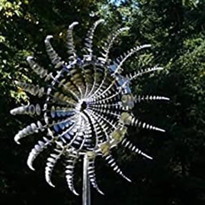 Harrow Metal Garden Windmill Spinner with Rotating Blades and LED Lights, Weather-Resistant Outdoor Decor, Silver 31.5cm