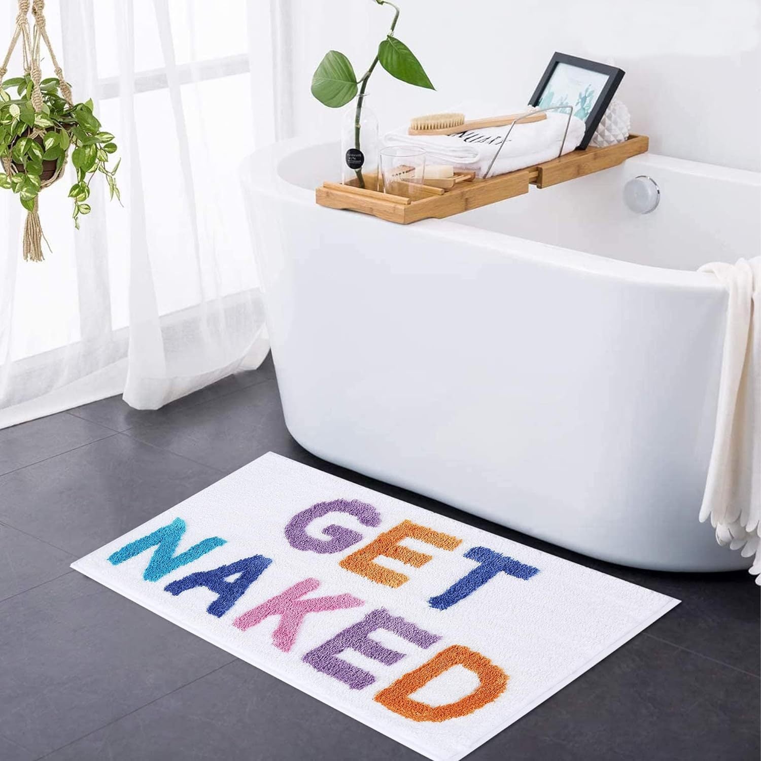 Get Naked Soft Tufted Bath Mat Absorbent Bathroom Rug with Playful Text Design