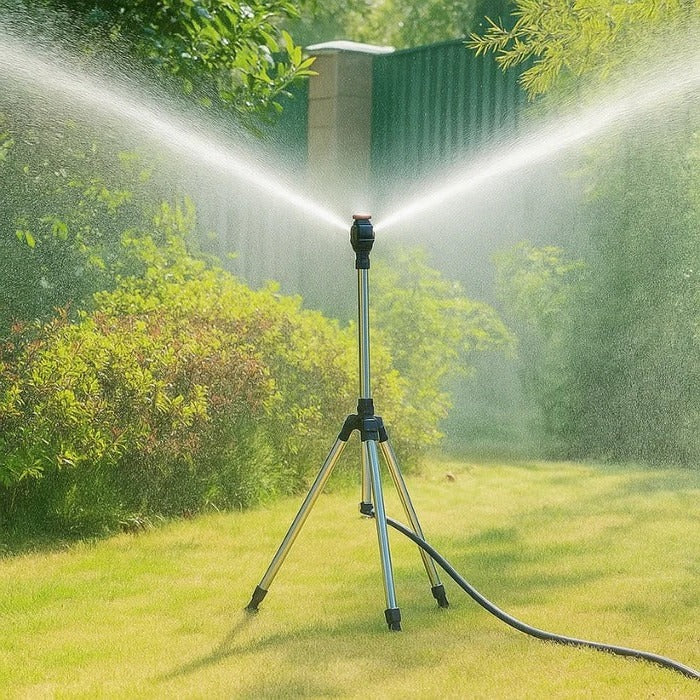 High Pressure Rotating Tripod Sprinkler with Adjustable Height and 360° Coverage, Includes 4 Hose Attachments