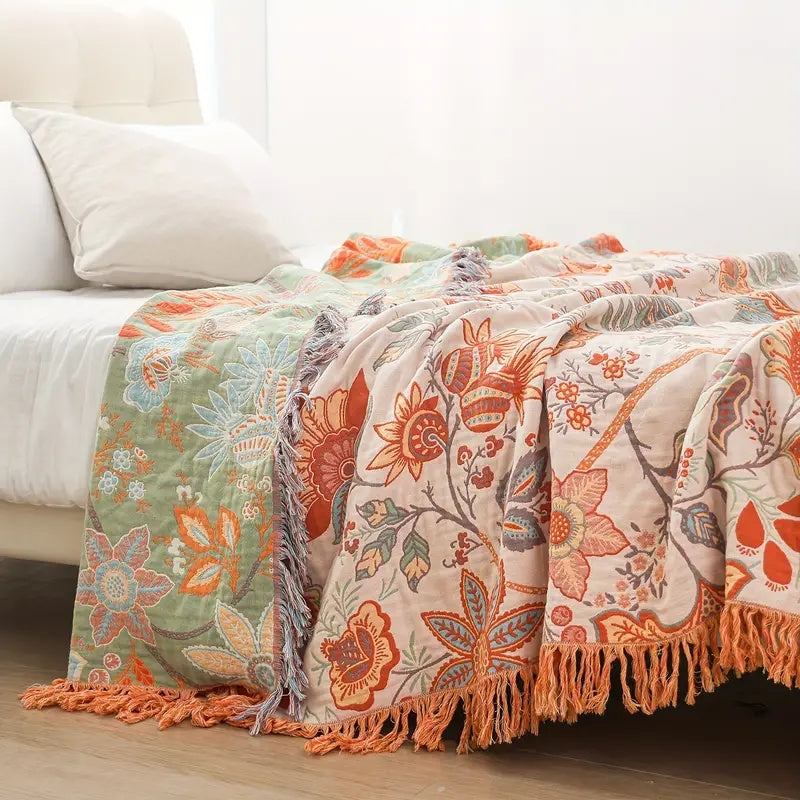 Boho Floral Cotton Throw Blanket Soft Cream Orange Blue Machine Washable Versatile Home Decor