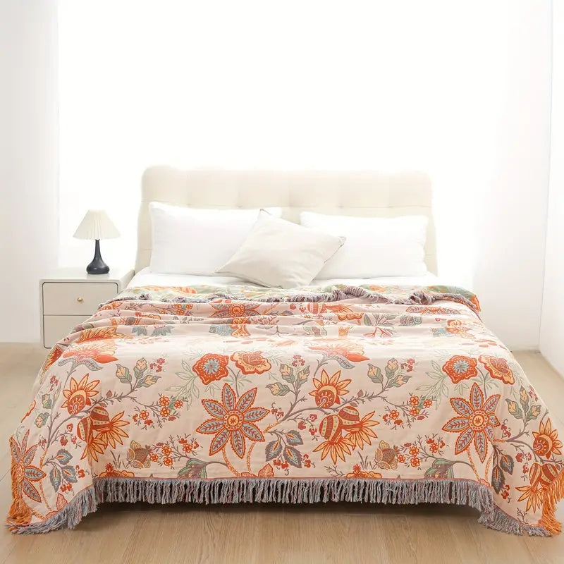 Boho Floral Cotton Throw Blanket Soft Cream Orange Blue Machine Washable Versatile Home Decor