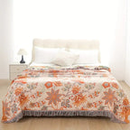 Boho Floral Cotton Throw Blanket Soft Cream Orange Blue Machine Washable Versatile Home Decor