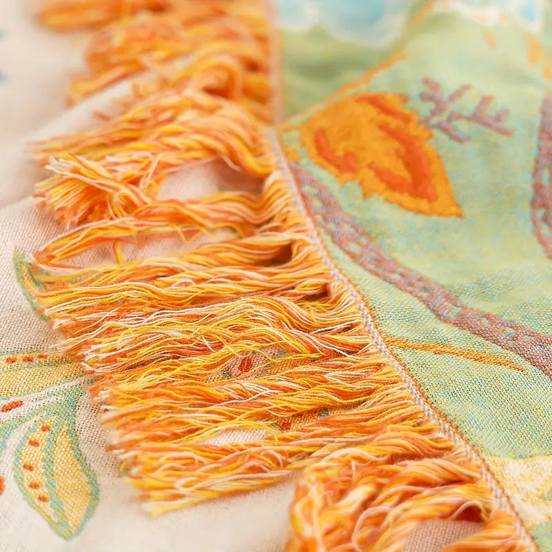 Boho Floral Cotton Throw Blanket Soft Cream Orange Blue Machine Washable Versatile Home Decor