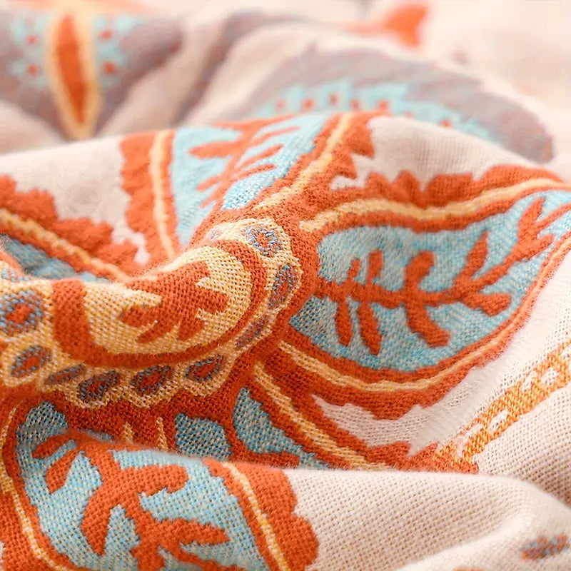 Boho Floral Cotton Throw Blanket Soft Cream Orange Blue Machine Washable Versatile Home Decor