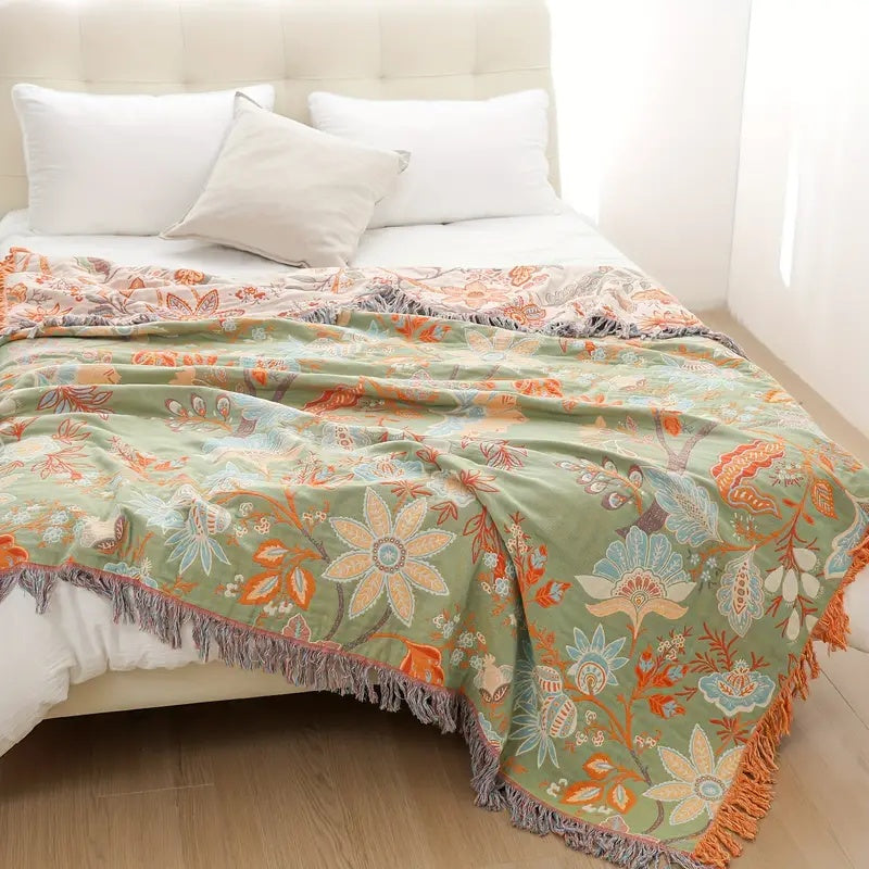 Boho Floral Cotton Throw Blanket Soft Cream Orange Blue Machine Washable Versatile Home Decor