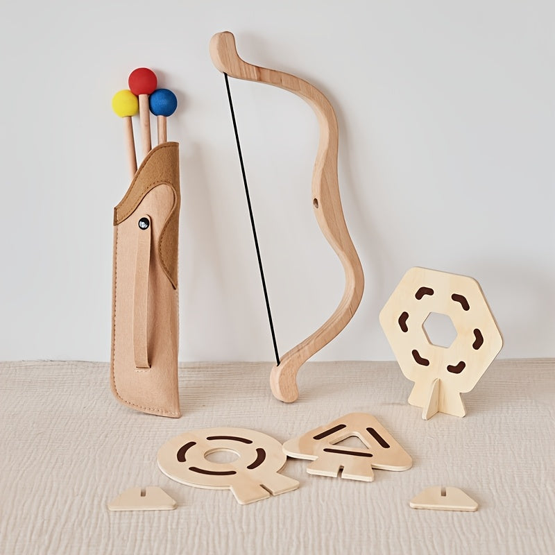 Junior Archery Set Wooden Bow and Soft-Tip Arrows with Fabric Quiver for Kids Ages 3-6