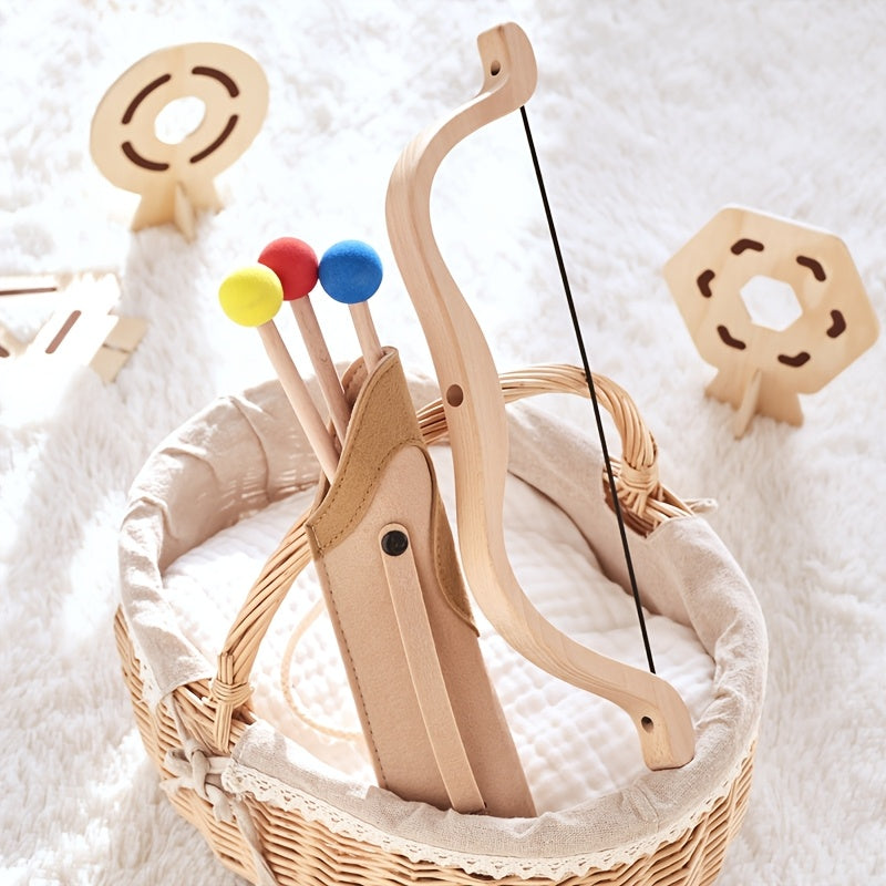 Junior Archery Set Wooden Bow and Soft-Tip Arrows with Fabric Quiver for Kids Ages 3-6