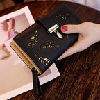PU Leather Long Wallet with Golden Leaf Design, 12 Card Slots, ID Window, Snap & Zipper Closure