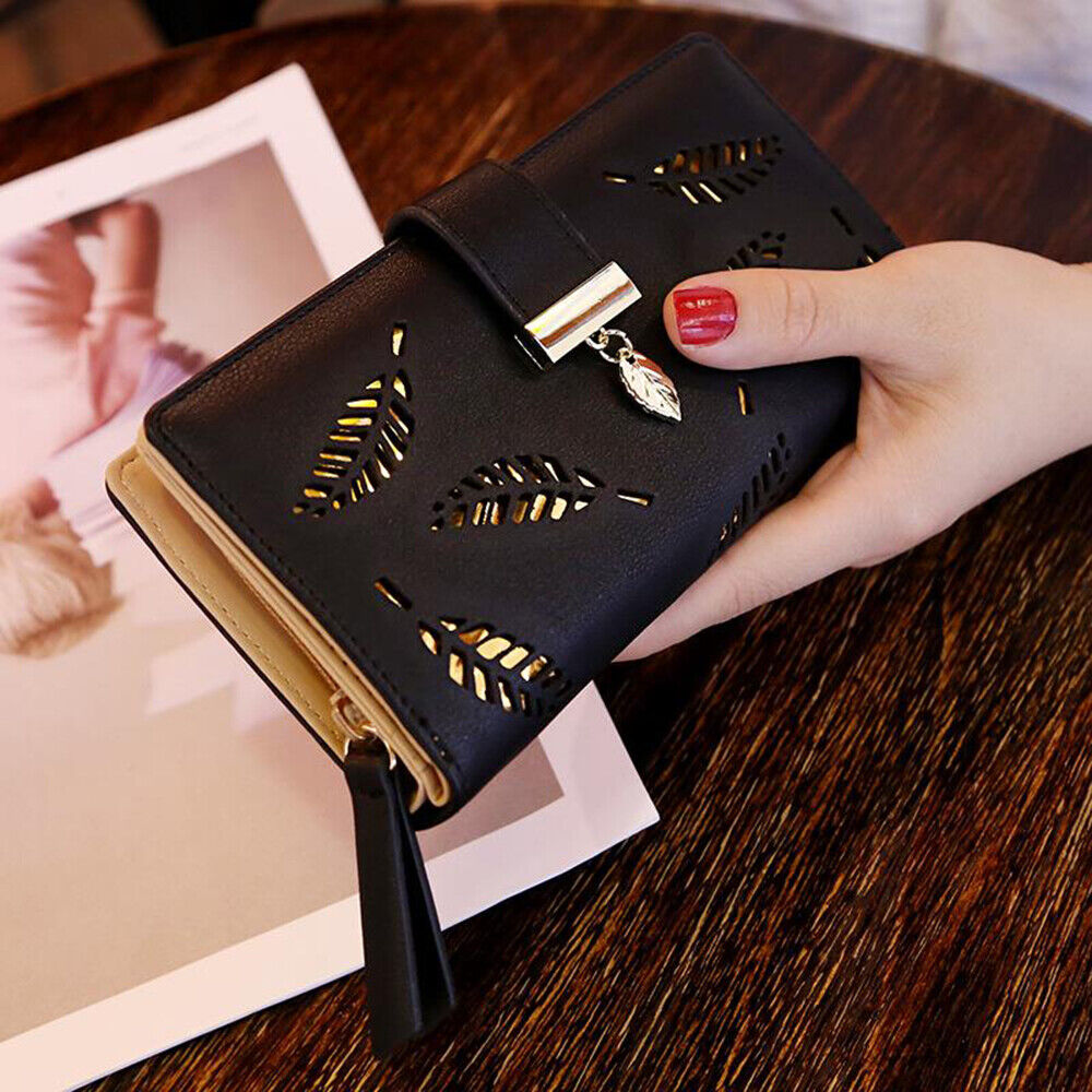 PU Leather Long Wallet with Golden Leaf Design, 12 Card Slots, ID Window, Snap & Zipper Closure