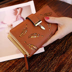 PU Leather Long Wallet with Golden Leaf Design, 12 Card Slots, ID Window, Snap & Zipper Closure