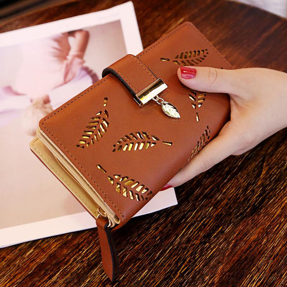 PU Leather Long Wallet with Golden Leaf Design, 12 Card Slots, ID Window, Snap & Zipper Closure