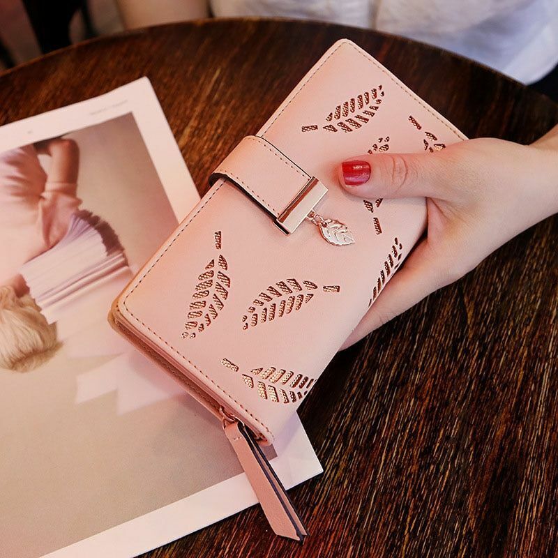 PU Leather Long Wallet with Golden Leaf Design, 12 Card Slots, ID Window, Snap & Zipper Closure