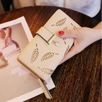 PU Leather Long Wallet with Golden Leaf Design, 12 Card Slots, ID Window, Snap & Zipper Closure