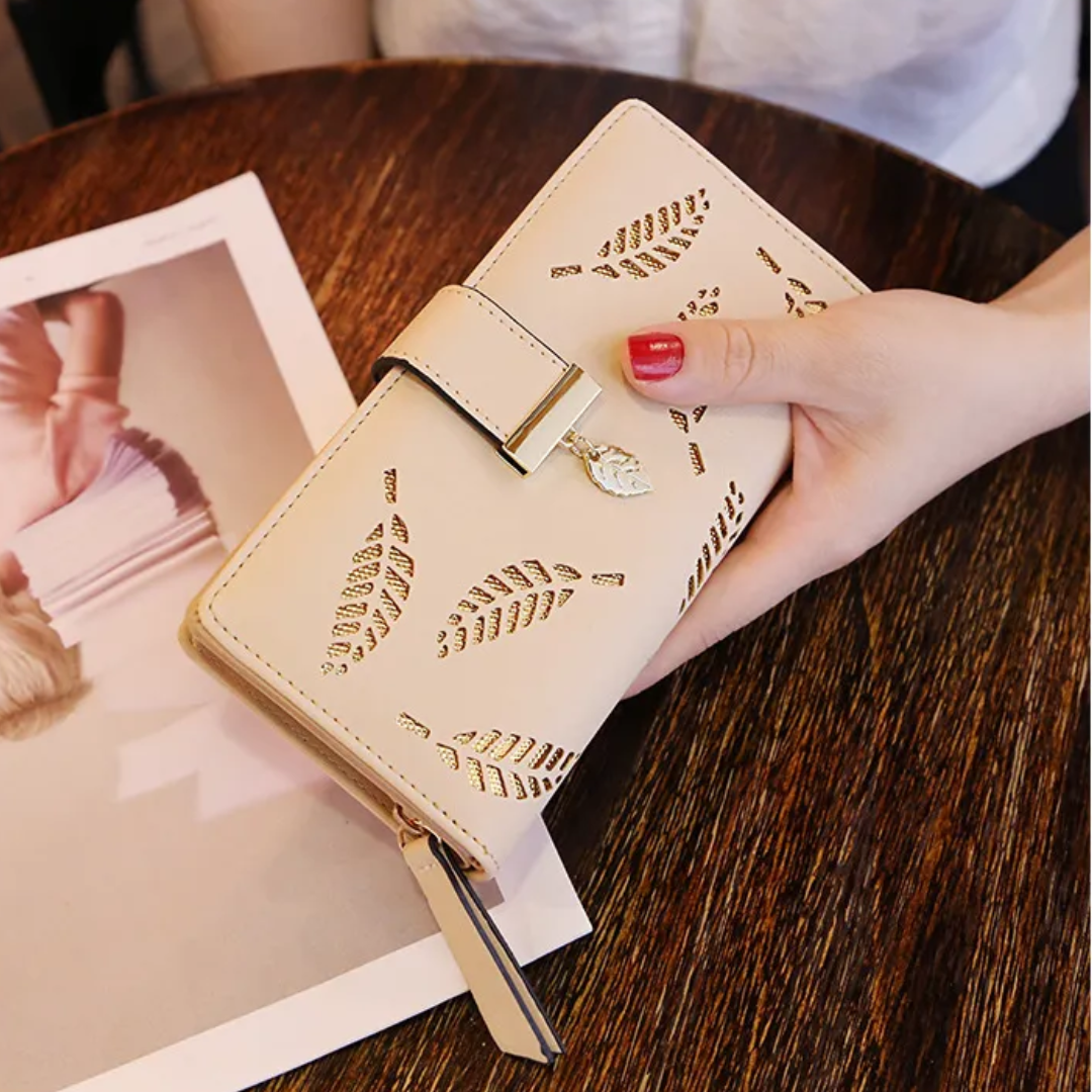 PU Leather Long Wallet with Golden Leaf Design, 12 Card Slots, ID Window, Snap & Zipper Closure