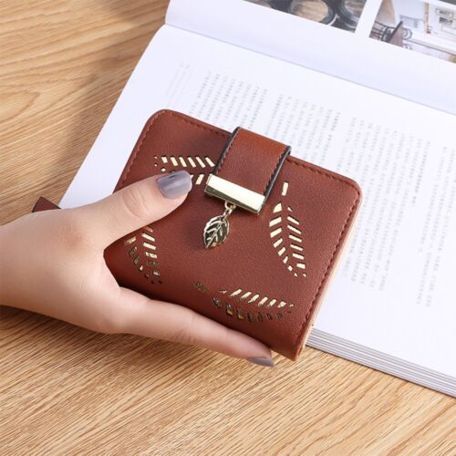 PU Leather Long Wallet with Golden Leaf Design, 12 Card Slots, ID Window, Snap & Zipper Closure