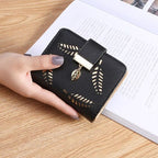 PU Leather Long Wallet with Golden Leaf Design, 12 Card Slots, ID Window, Snap & Zipper Closure