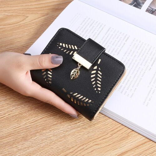 PU Leather Long Wallet with Golden Leaf Design, 12 Card Slots, ID Window, Snap & Zipper Closure