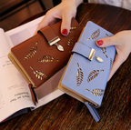PU Leather Long Wallet with Golden Leaf Design, 12 Card Slots, ID Window, Snap & Zipper Closure