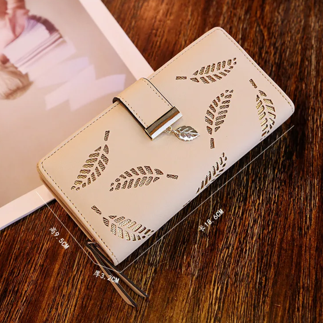 PU Leather Long Wallet with Golden Leaf Design, 12 Card Slots, ID Window, Snap & Zipper Closure