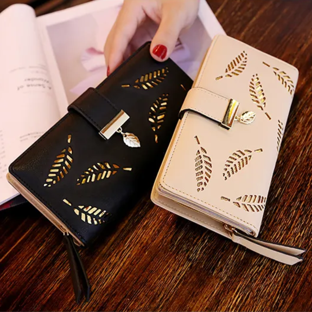 PU Leather Long Wallet with Golden Leaf Design, 12 Card Slots, ID Window, Snap & Zipper Closure
