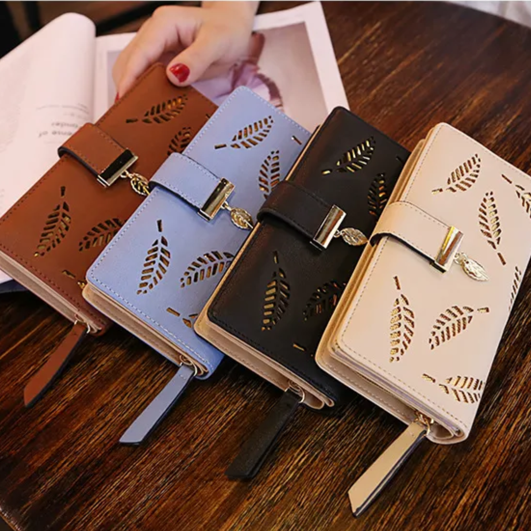 PU Leather Long Wallet with Golden Leaf Design, 12 Card Slots, ID Window, Snap & Zipper Closure