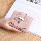 PU Leather Long Wallet with Golden Leaf Design, 12 Card Slots, ID Window, Snap & Zipper Closure