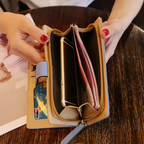 PU Leather Long Wallet with Golden Leaf Design, 12 Card Slots, ID Window, Snap & Zipper Closure