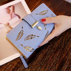 PU Leather Long Wallet with Golden Leaf Design, 12 Card Slots, ID Window, Snap & Zipper Closure