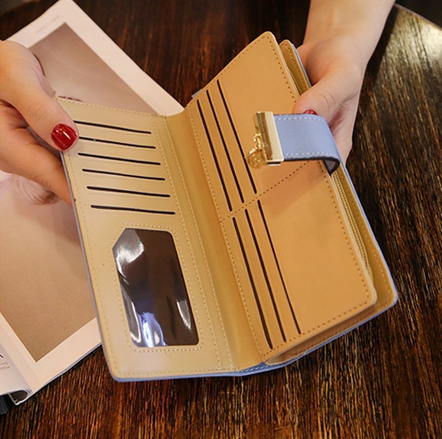 PU Leather Long Wallet with Golden Leaf Design, 12 Card Slots, ID Window, Snap & Zipper Closure