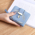 PU Leather Long Wallet with Golden Leaf Design, 12 Card Slots, ID Window, Snap & Zipper Closure