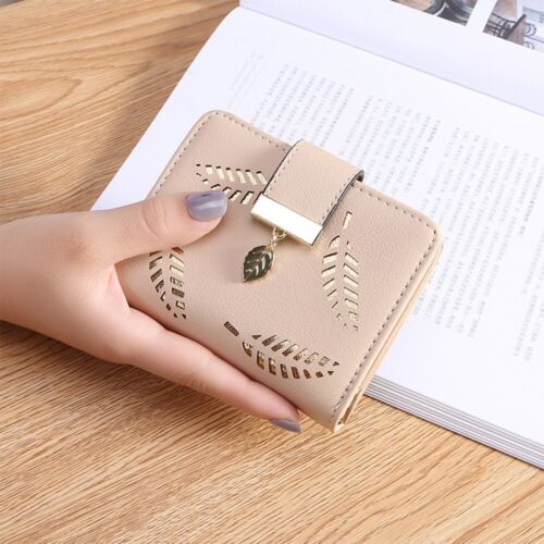 PU Leather Long Wallet with Golden Leaf Design, 12 Card Slots, ID Window, Snap & Zipper Closure