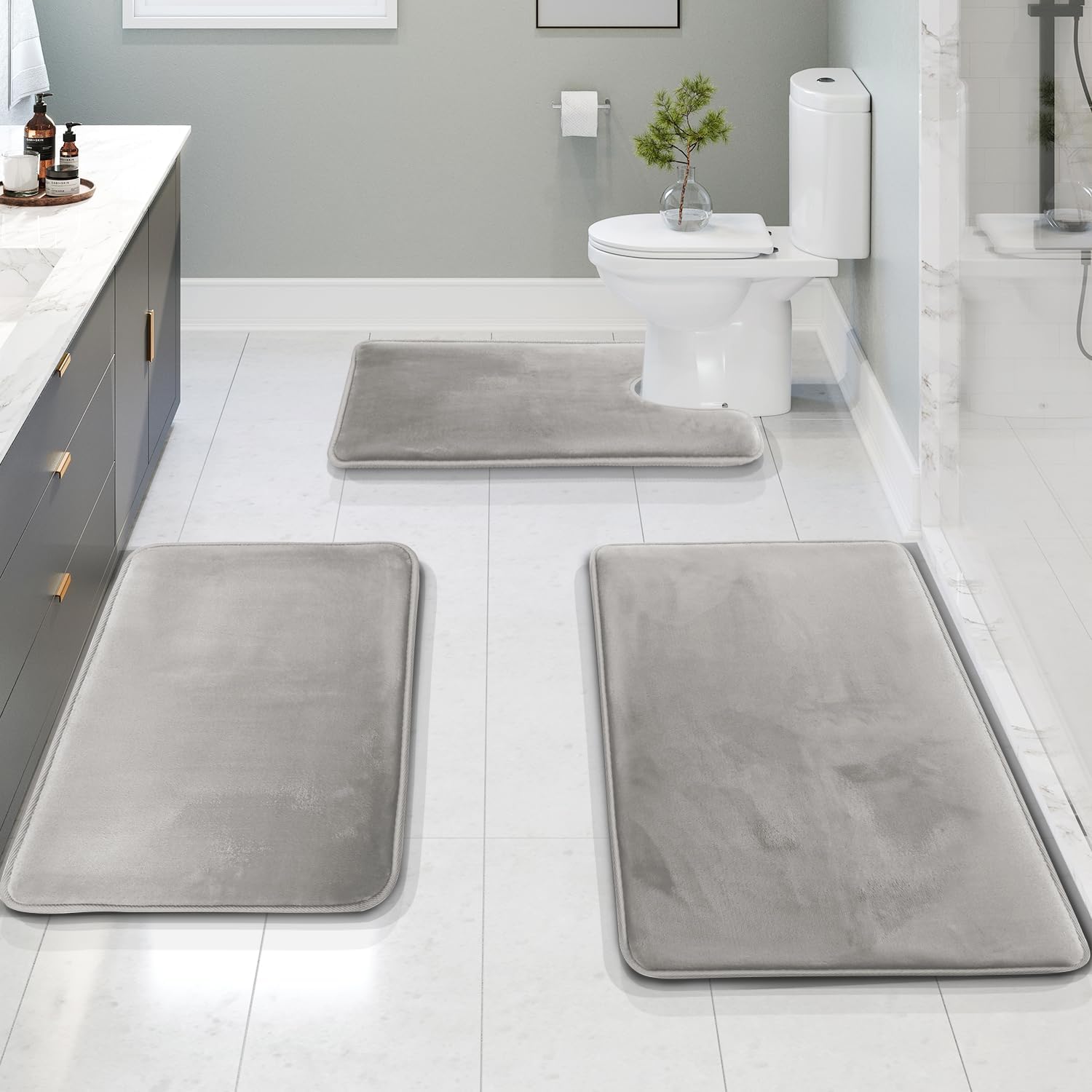 VelvaLuxe 3-Piece Memory Foam Bath Mat Set Non-Slip Absorbent Machine Washable