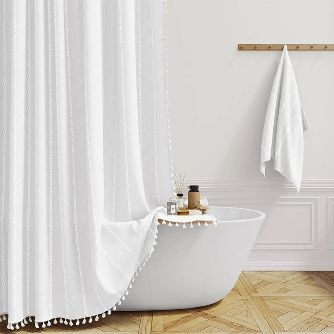 Bohemian Linen Shower Curtain with Tassels Waterproof Fabric Rustique Farmhouse Design