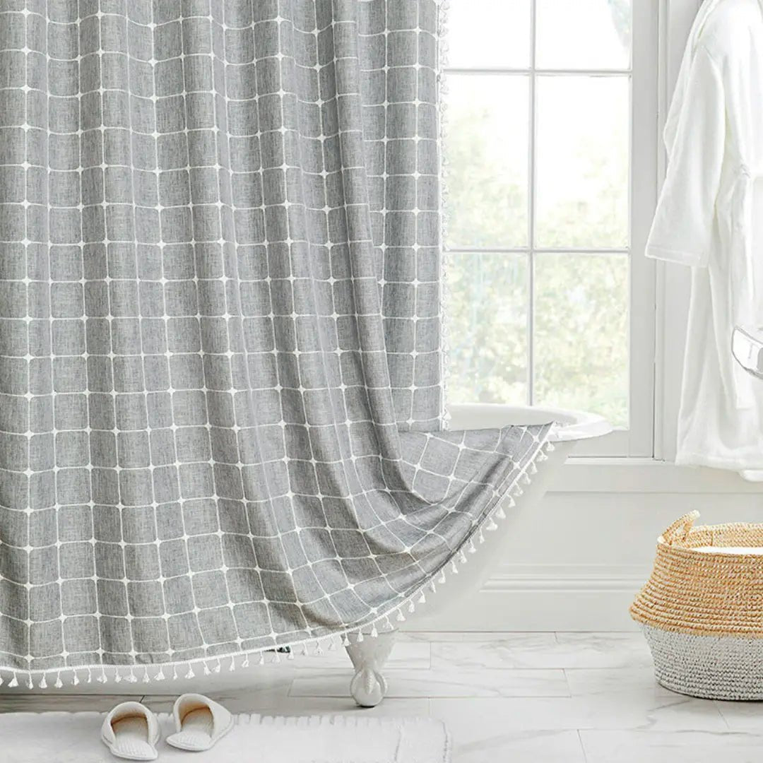 Bohemian Linen Shower Curtain with Tassels Waterproof Fabric Rustique Farmhouse Design