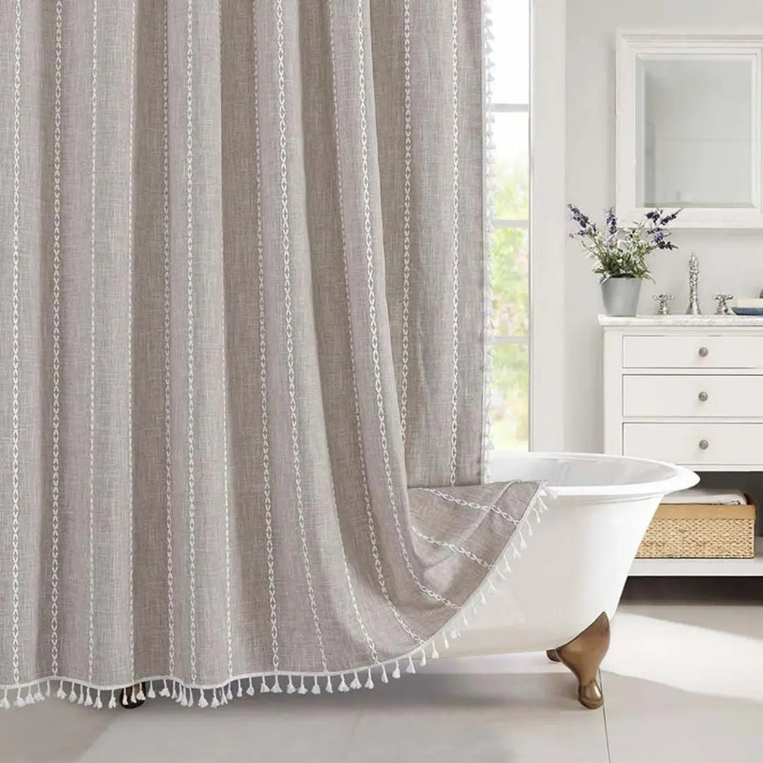 Bohemian Linen Shower Curtain with Tassels Waterproof Fabric Rustique Farmhouse Design