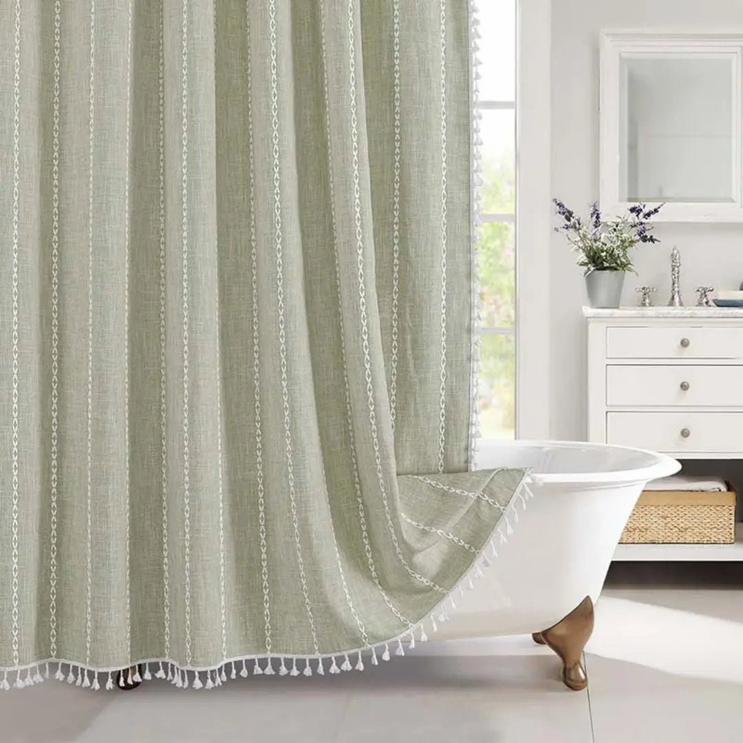 Bohemian Linen Shower Curtain with Tassels Waterproof Fabric Rustique Farmhouse Design
